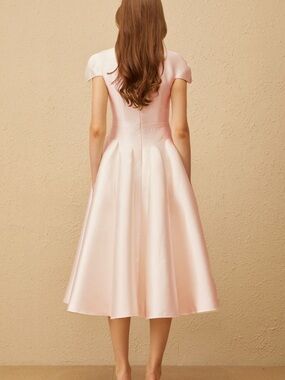 Elegant Pink Satin Midi Dress with Cap Sleeves